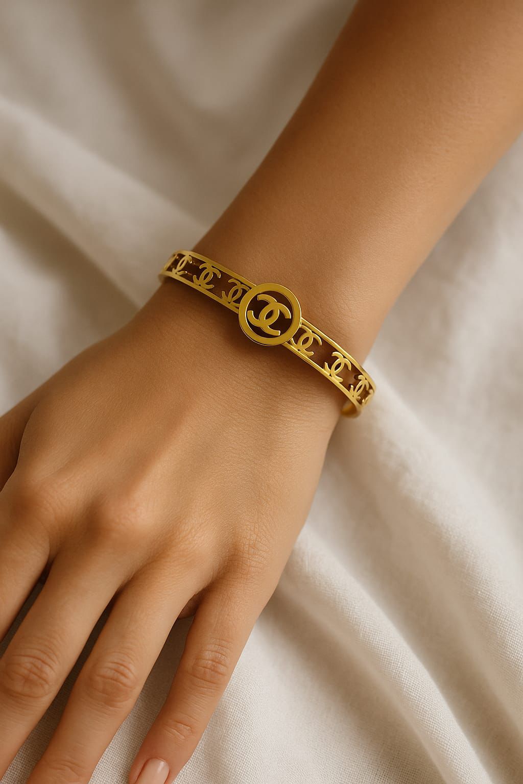 Chanel-Inspired Gold Bangle – Elegant Stainless Steel Design